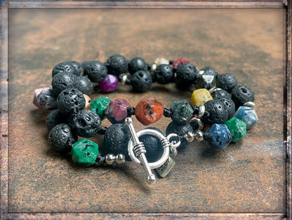 ICON Design Living Wickelarmband Dreireihig Lavasteine Natursteine Multicolor Bunt Facettiert