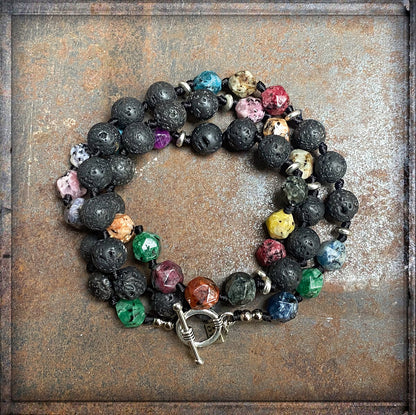 ICON Design Living Wickelarmband Dreireihig Lavasteine Natursteine Multicolor Mix Facettiert