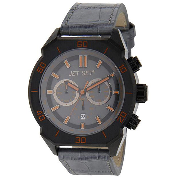 JETSET Chronograph Prague Grau Edelstahlgehäuse Schwarz Plattiert Lederarmband 47 mm 10 ATM 