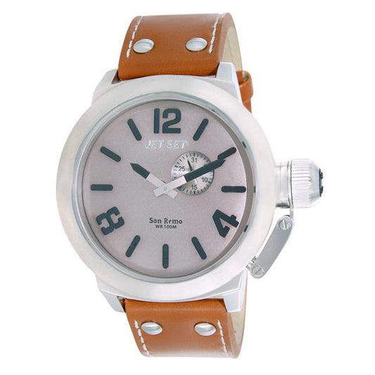 JETSET Uhr San Remo Edelstahlgehäuse Lederarmband Braun Zifferblatt Grau 47 mm 10 ATM 