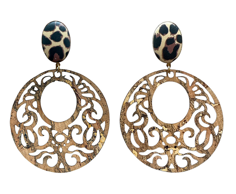 Justwin Boho Ohrringe Kork Leopard Cut-out Tombak Vergoldet
