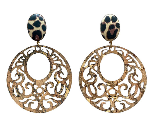 Justwin Boho Ohrringe Kork Leopard Cut-out Tombak Vergoldet
