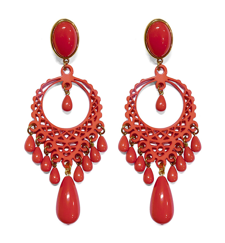 Justwin Boho Statement-Ohrringe Vergoldeter Tombak Laser-Cut Acryl-Ornament Korallenoptik Tropfen 11,5 cm Lang