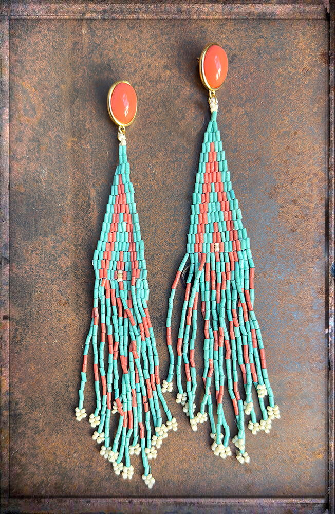 Justwin Lange Boho Statement-Ohrringe Perlenfransen Koralle Türkis 19 cm