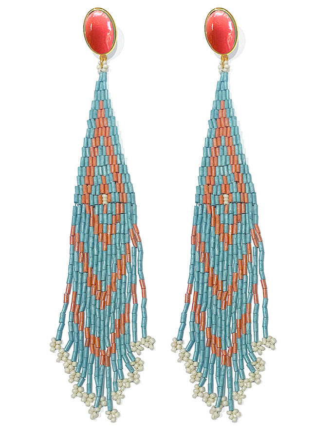 Justwin Boho Statement-Ohrringe Lange Perlenfransen Koralle Türkis 19 cm