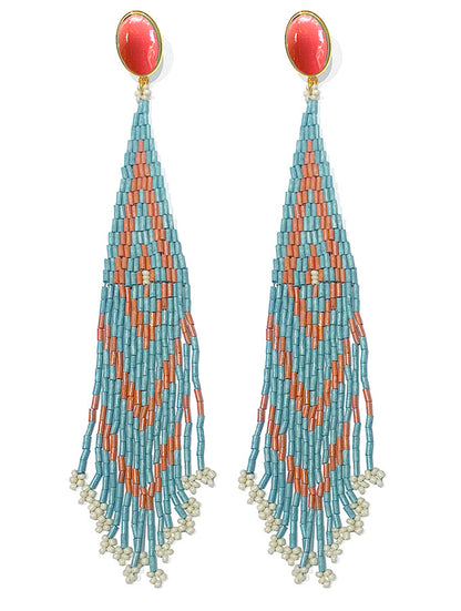 Justwin Boho Statement-Ohrringe Lange Perlenfransen Koralle Türkis 19 cm