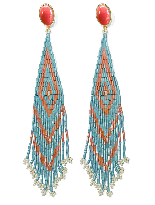 Justwin Boho Statement-Ohrringe Lange Perlenfransen Koralle Türkis 19 cm