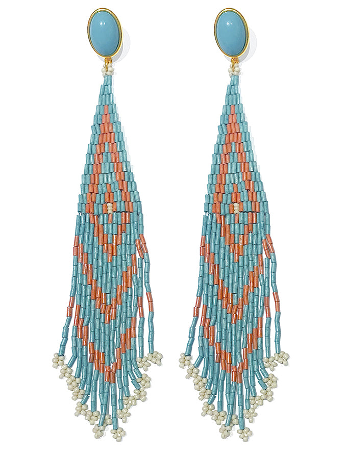 Justwin Boho Statement-Ohrringe Perlenfransen Türkis Coral 19 cm Lang