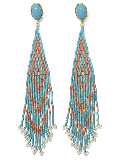 Justwin Boho Statement-Ohrringe Perlenfransen Türkis Coral 19 cm Lang