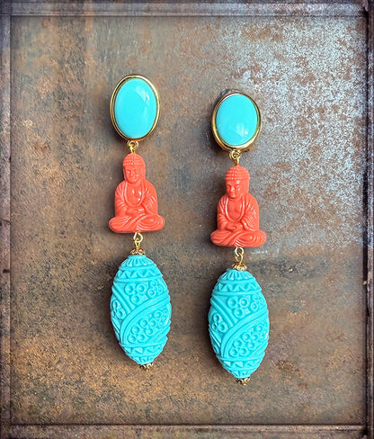 Justwin Ohrringe Buddha Statement Boho Coral Türkis Vergoldet 1