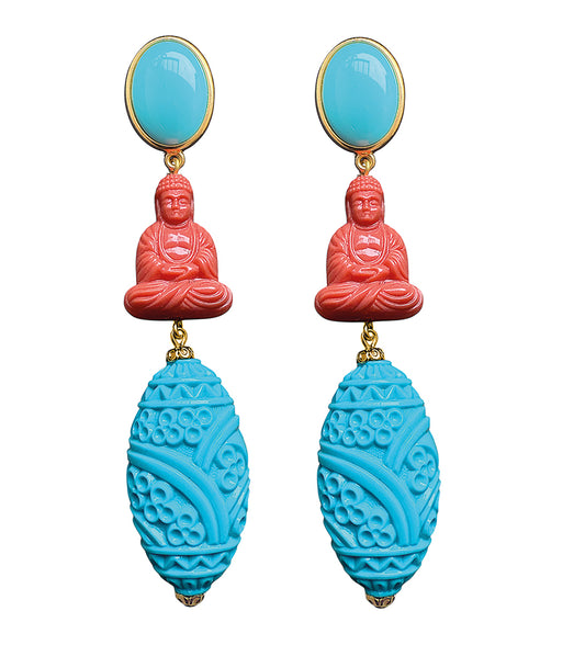 Justwin Ohrringe Buddha Statement Boho Coral Türkis Vergoldet