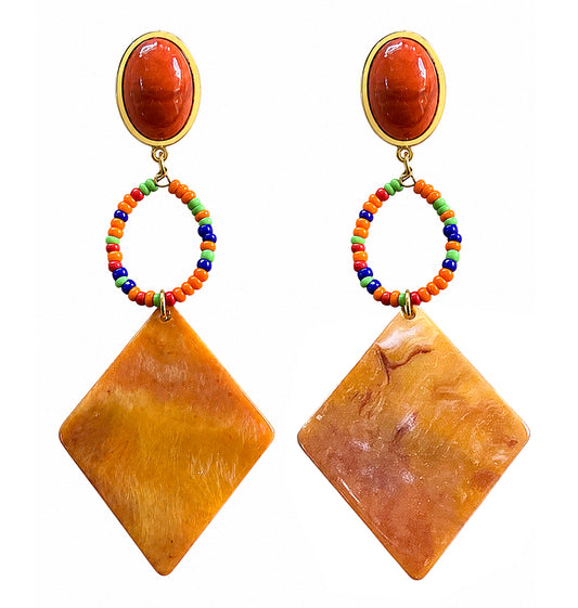 Lange Boho-Ohrringe Orange Resin-Raute Multicolor-Perlen Vergoldete Ohrstecker Sicherheitsbügel 19 cm lang Justwin