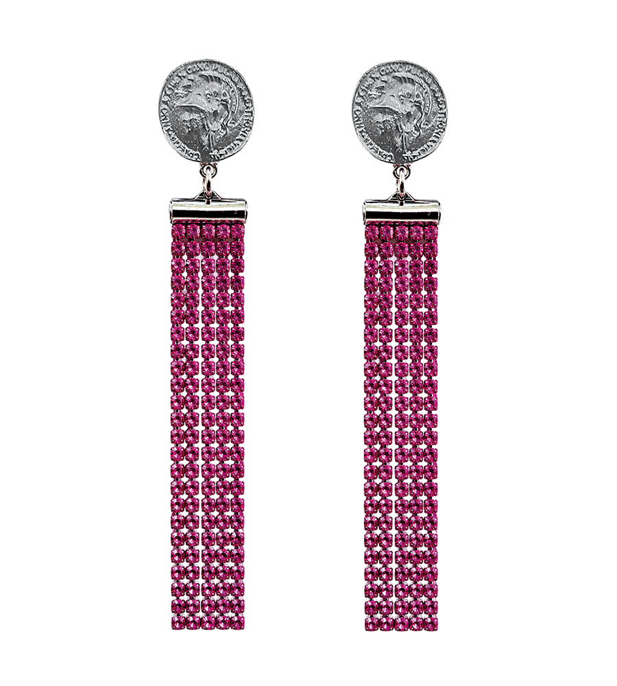 Justwin Statement-Ketten-Ohrringe Pink Swarovski-Kristallsteine Silbernes Münz-Element Versilbert 10,8 cm lang