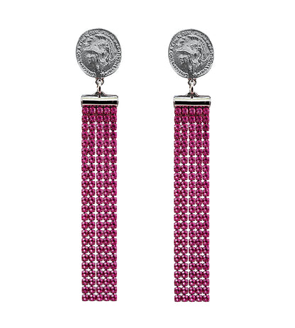 Justwin Statement-Ketten-Ohrringe Pink Swarovski-Kristallsteine Silbernes Münz-Element Versilbert 10,8 cm lang