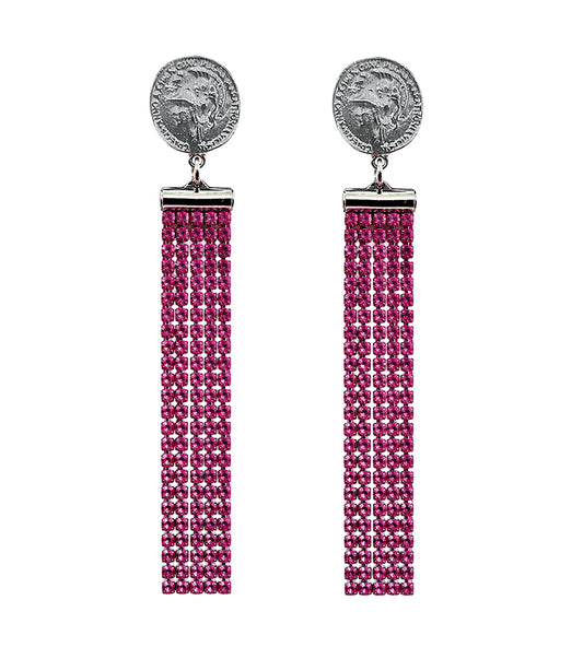 Justwin Statement-Ketten-Ohrringe Pink Swarovski-Kristallsteine Silbernes Münz-Element Versilbert 10,8 cm lang