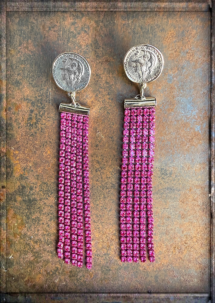 Justwin Statement-Ketten-Ohrringe Pink Swarovski-Kristallsteine Silbernes Münz-Element 10,8 cm lang