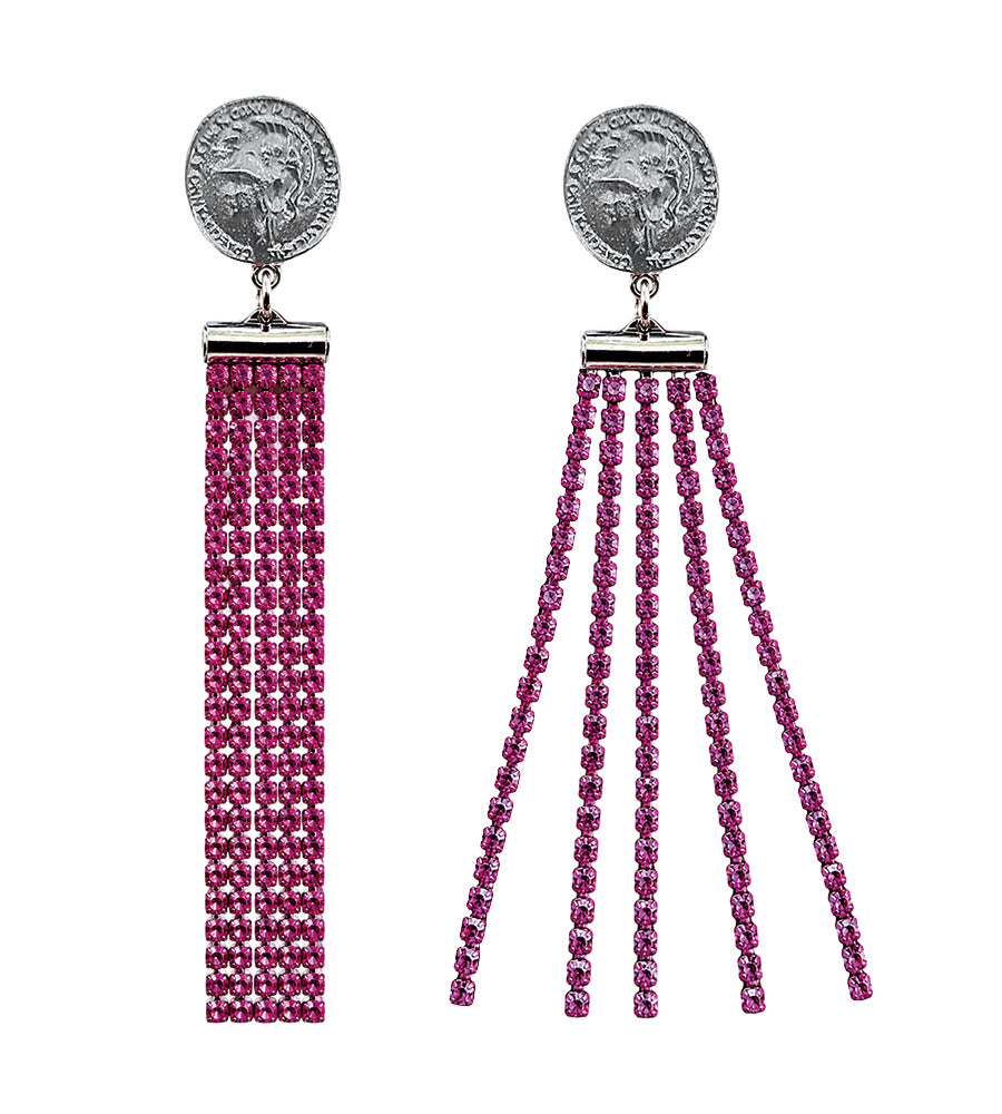 Justwin Statement-Ketten-Ohrringe Pink Swarovski-Kristallsteine Silbernes Münz-Element Versilbert 10,8 cm