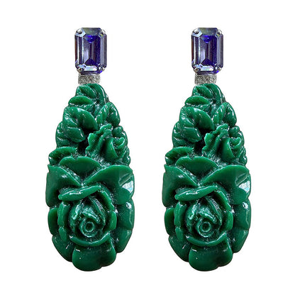 Justwin Statement-Ohrringe Grün Florale Resin-Elemente Facettierte Swarovski-Steine 7 cm Lang