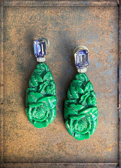 Justwin Statement-Ohrringe Grün Florale Resin-Elemente Facettierte Swarovski-Steine 7 cm