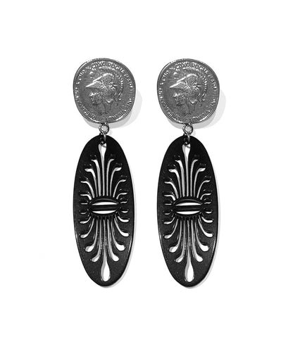 Justwin Statement-Ohrringe Versilberte Münze Laser-Cut Acryl-Tropfen Schwarz 8,2 cm Lang