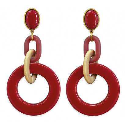 Justwin Statement-Ohrringe Rot Beige Resin-Ringe Vergoldete Tombak-Ohrstecker Sicherheitsbügel 10,8 cm lang