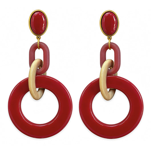 Justwin Statement-Ohrringe Rot Beige Resin-Ringe Vergoldete Tombak-Ohrstecker Sicherheitsbügel 10,8 cm lang