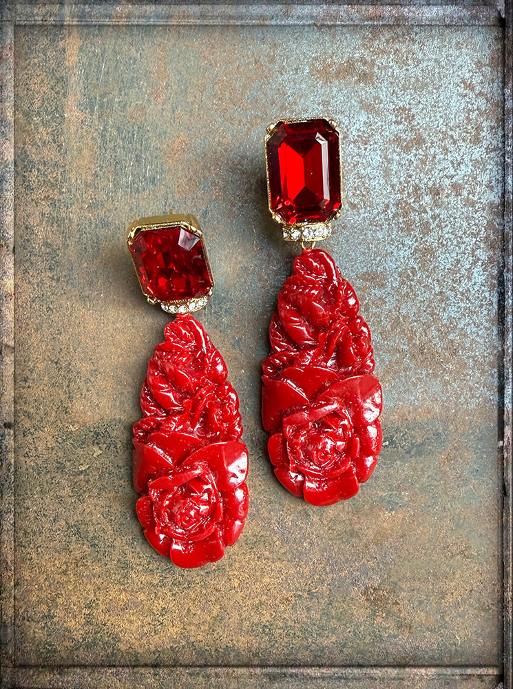 Justwin Statement-Ohrringe Rot Florale Resin-Elemente Vergoldete Ohrstecker Sicherheitsbügel 7,6 cm Lang