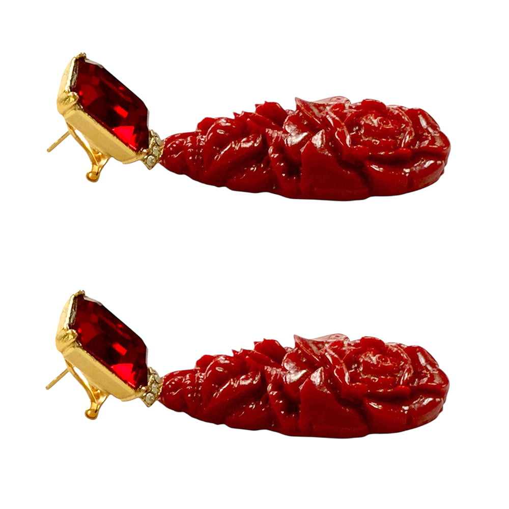 Justwin Statement-Ohrringe Rot Florale Resin-Elemente Vergoldete Ohrstecker Sicherheitsbügel Seitlich