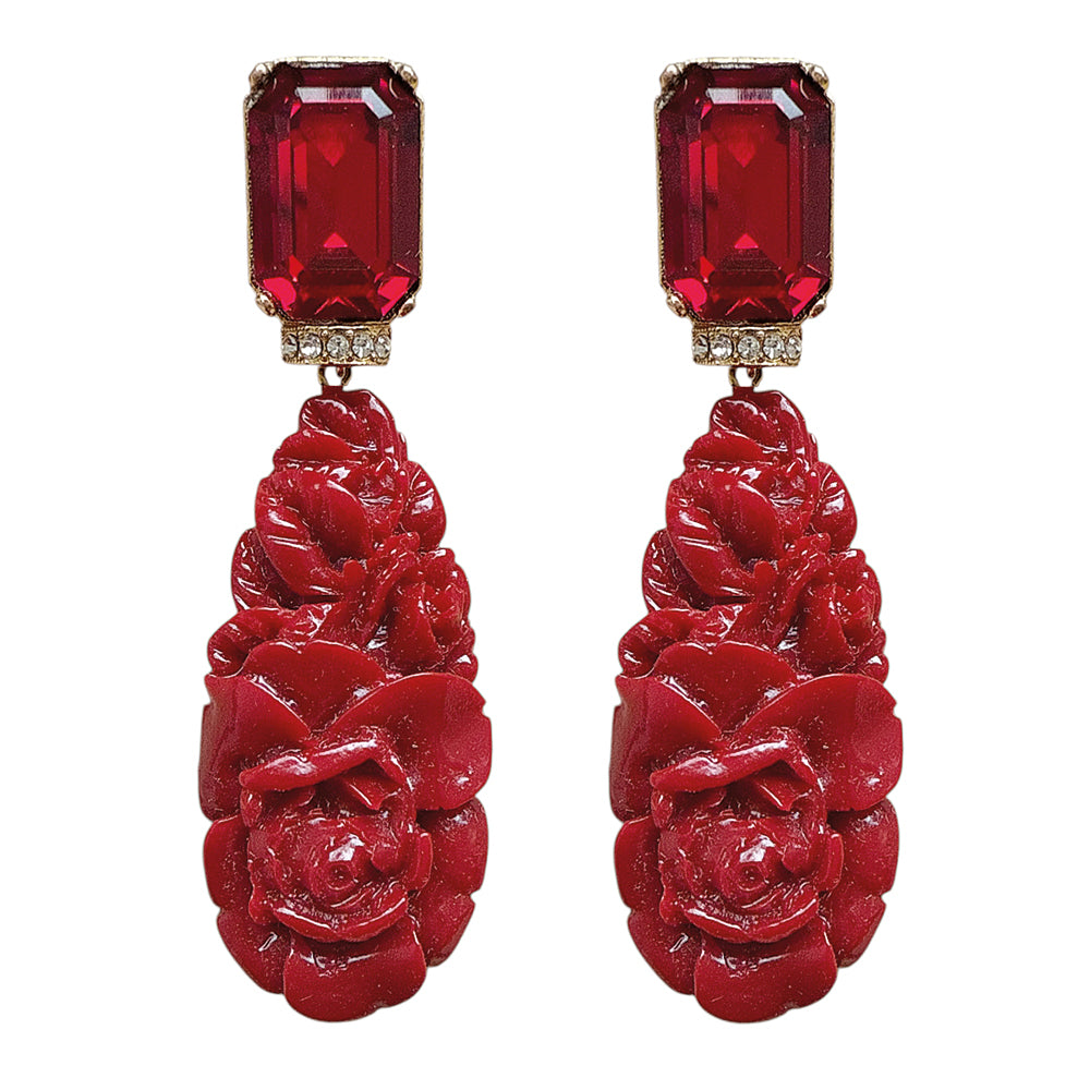 Justwin Statement-Ohrringe Rot Florale Resin-Elemente Vergoldete Ohrstecker Sicherheitsbügel