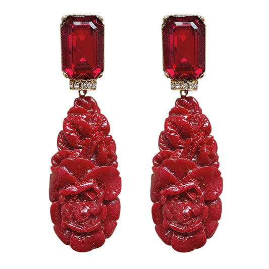 Justwin Statement-Ohrringe Rot Florale Resin-Elemente Vergoldete Ohrstecker Sicherheitsbügel