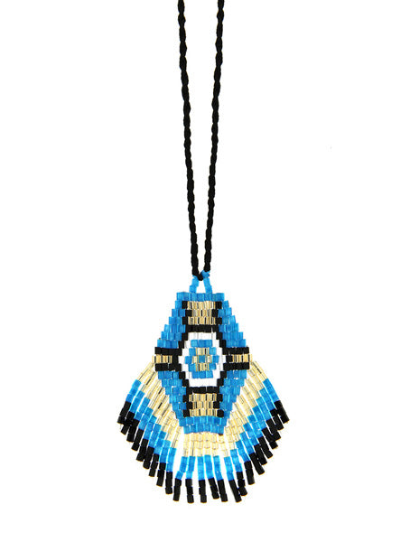 Fransenkette Boho Anhänger Perlenstickerei Blau-Mix Baumwollkordel 90 cm lang Längenverstellbar