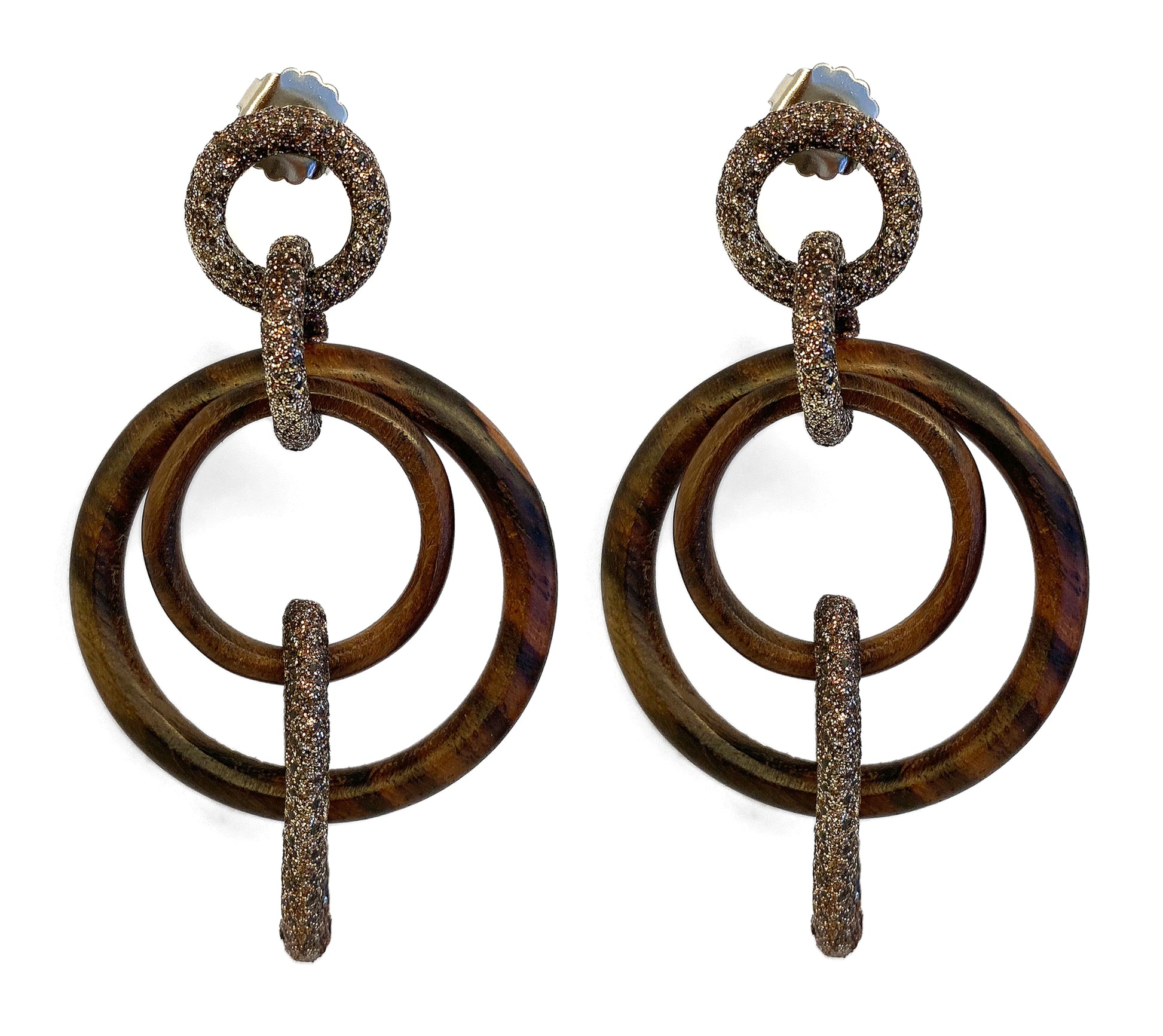 KMO Statement-Ohrringe Ring-Design Holz Kamelit Farbverlauf Braun Silberpulver 8,2 cm Lang