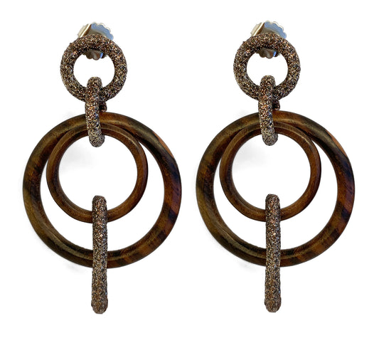 KMO Statement-Ohrringe Ring-Design Holz Kamelit Farbverlauf Braun Silberpulver 8,2 cm Lang