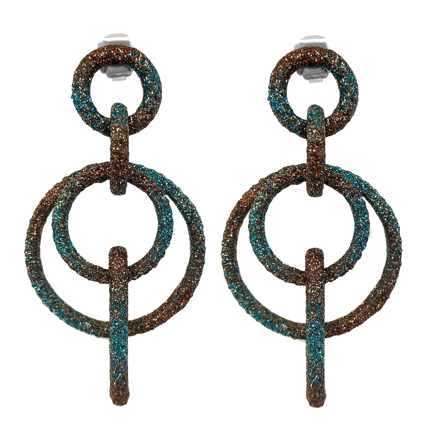 KMO Statement-Ohrringe Ring-Design Kamelit Farbverlauf Braun Türkis Silberpulver 7,8 cm Lang