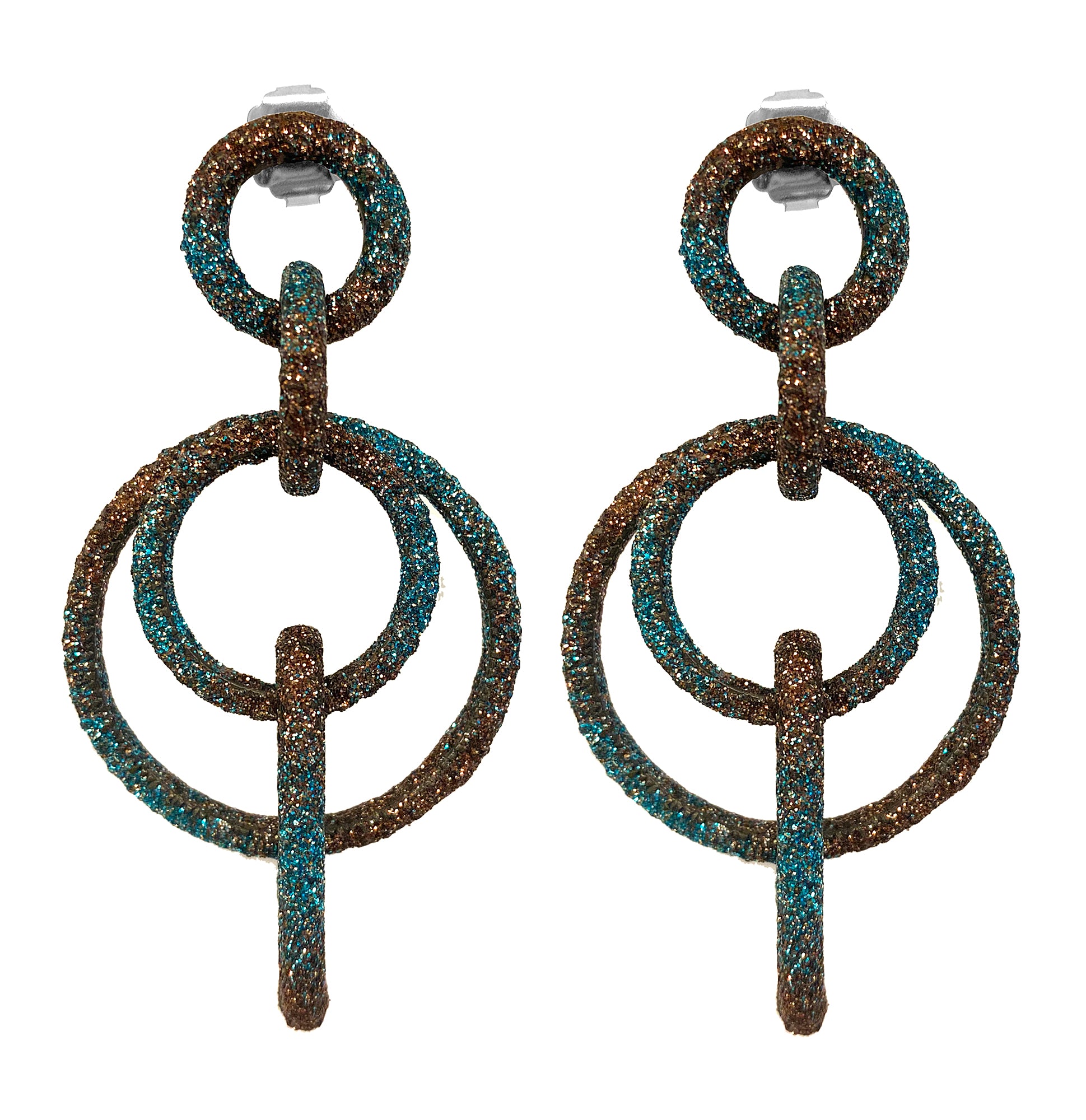 KMO Statement-Ohrringe Ring-Design Kamelit Farbverlauf Braun Türkis Silberpulver 7,8 cm Lang