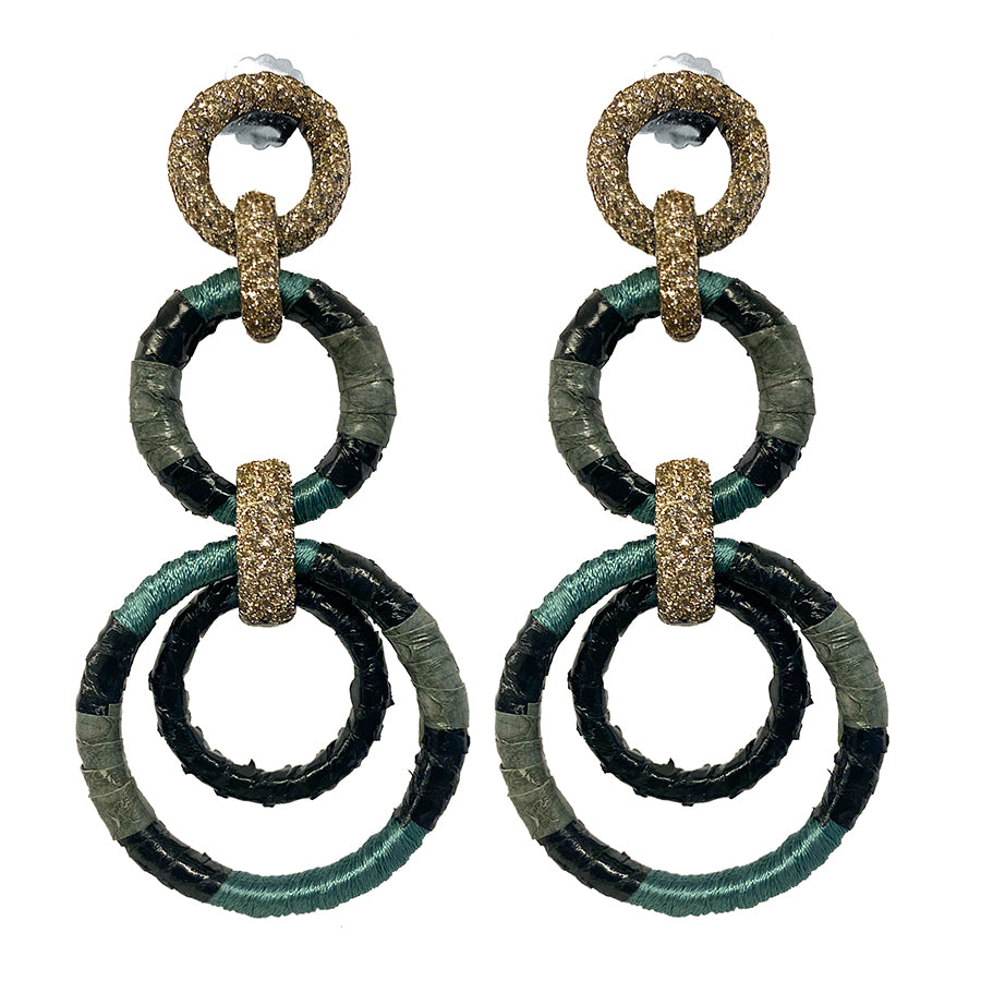 KMO Statement-Ohrringe Ring-Design Leder Kamelit Oliv-Mix 8,4 cm Lang