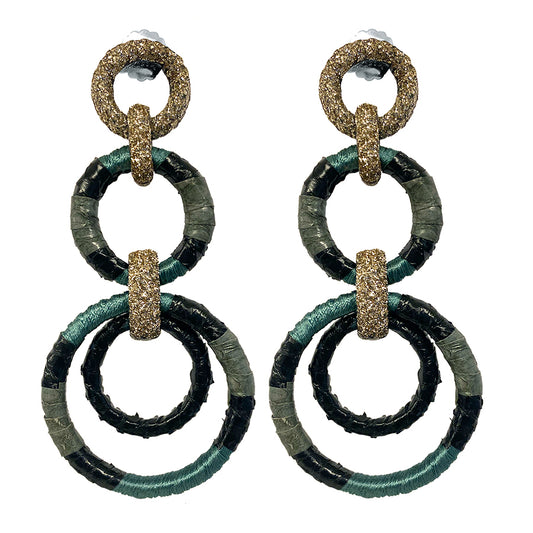 KMO Statement-Ohrringe Ring-Design Leder Kamelit Oliv-Mix 8,4 cm Lang