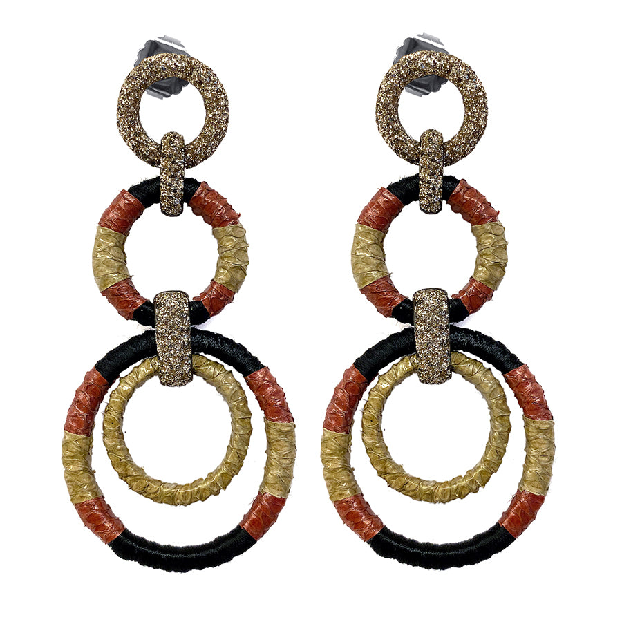 KMO Statement-Ohrringe Ring-Design Leder Kamelit Rot-Mix 8,4 cm Lang