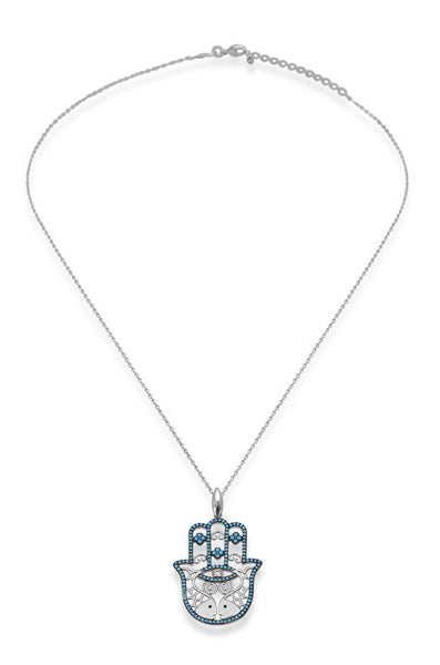 Kurshuni Kette Hamsa-Hand Fatima-Hand Türkis Pavé Zirkonia Nazar Eye Blickperle 925 Sterling Silber Rhodiniert