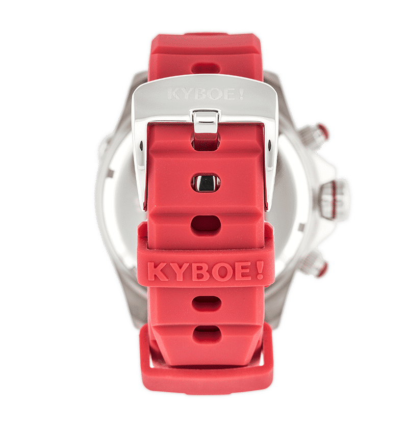KYBOE XXL Chronograph Master Rot 55 mm Lünette Schwarz Edelstahlgehäuse Silikonarmband 10 ATM Rückseite