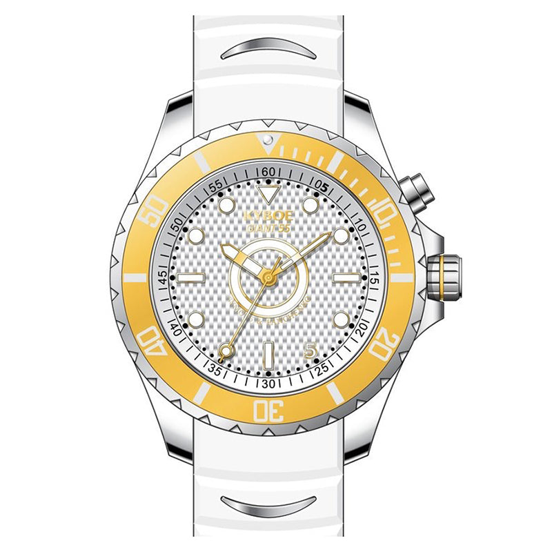 KYBOE XXL Uhr Giant Beach Series 55 mm Edelstahlgehäuse Lünette Gelb Silikonarmband Weiß 10 ATM