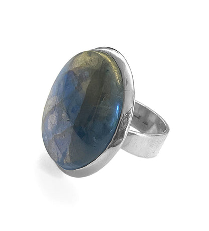 Labradorit-Ring Rund Sterling Silber Unikat Größenverstellbar Seitlich