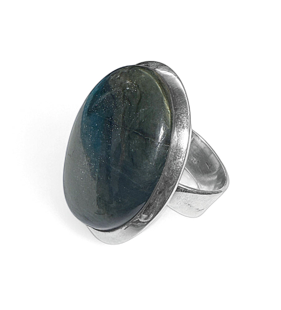 Steinring Labradorit Groß Rund 925 Sterling Silber Größenverstellbar Unikat