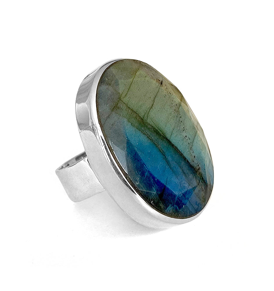 Labradoritring Facettiert 925 Sterling Silber Unikat Größenverstellbar Seitlich