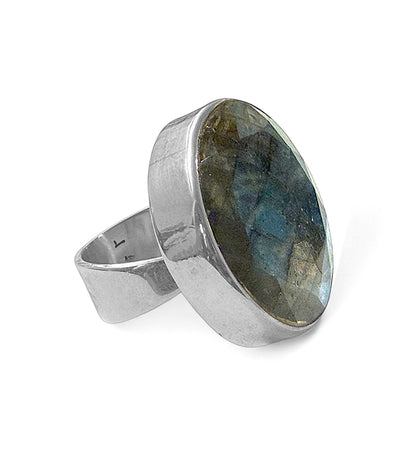 Steinring Labradorit Facettiert Groß Rund 925 Sterling Silber Größenverstellbar Unikat