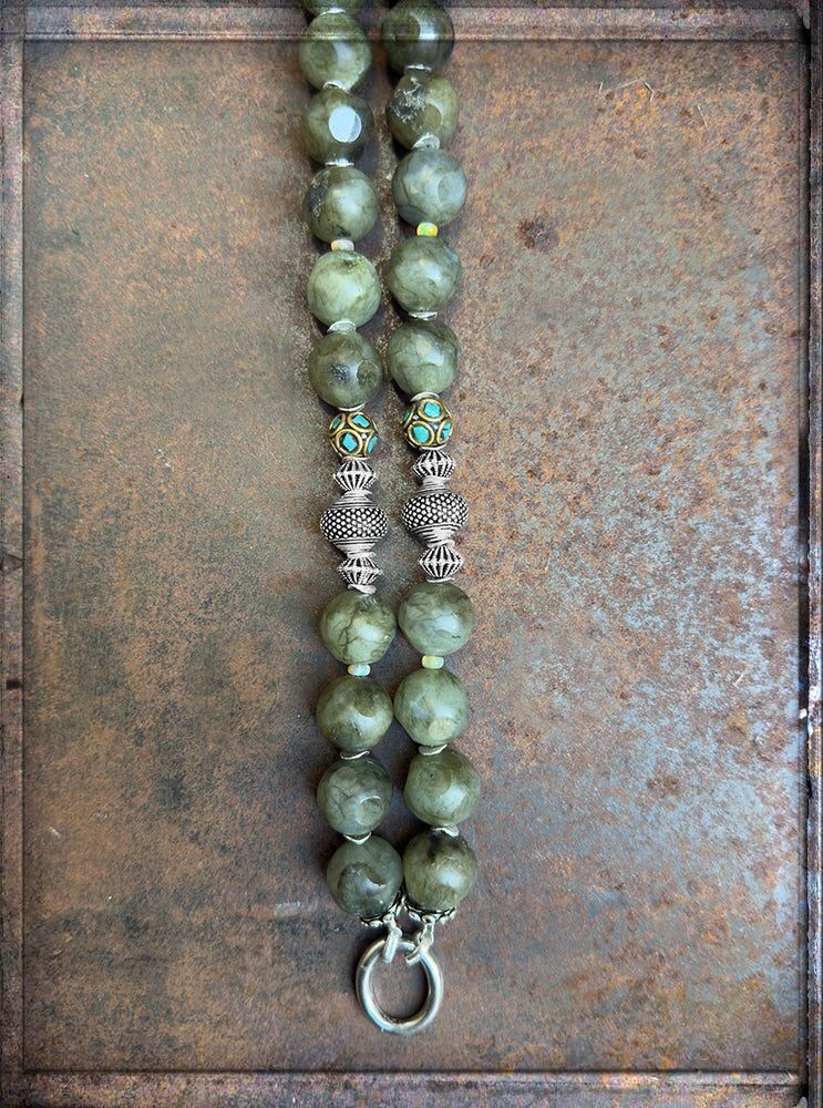 Lange Ethno Boho Labradorit-Kette Oliv Tibet-Perlen 925 Silber Unikat