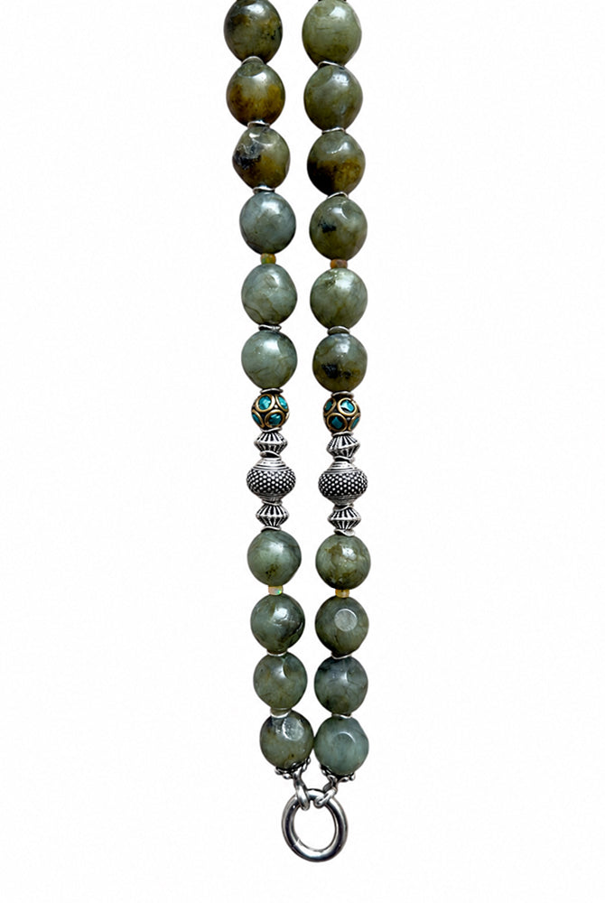 Lange Ethno Boho Labradorit-Kette Oliv Tibet-Perlen 925 Sterling Silber Unikat
