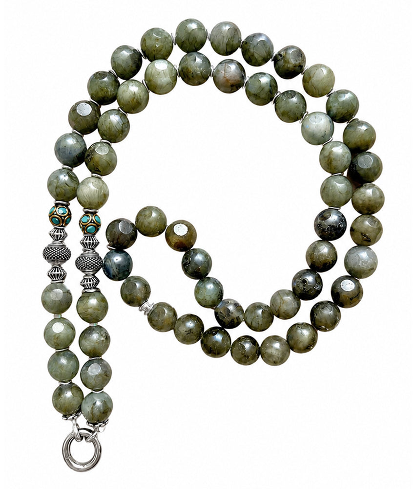Lange Ethno Boho Labradorit-Kette Oliv Tibet-Perlen Sterling Silber Unikat