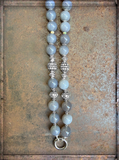 Lange Ethno Kette Achat Grau Opal 925 Silber Boho Unikat