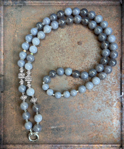 Lange Ethno Kette Achat Grau Opal Silber Boho Unikat